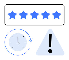 Five blue stars inside a rectangle, a clock with a circular arrow, and a triangular exclamation mark. Ideal for feedback, quality, time management, caution, alerts evaluation deadlines. Flat simple