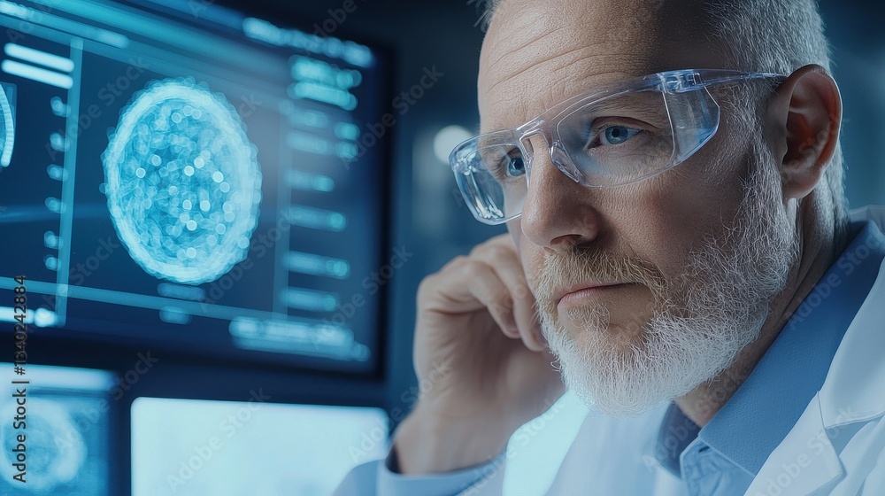 Poster scientist analyzing data on computer screen in modern laboratory