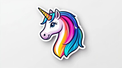 Pixel art unicorn head with rainbow mane against a white background. Cute, colorful, and whimsical illustration.