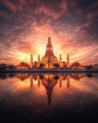 Naklejka premium Majestic sunset over wat arun temple bangkok thailand landscape photography serene atmosphere wide angle perspective