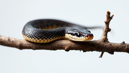 Obraz premium Dark Snake with Yellow Markings Coiled on Branch, Isolated on White