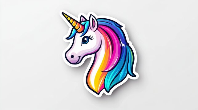 Pixel art unicorn head with rainbow mane against a white background. Cute, colorful, and whimsical illustration.