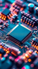 Close-up of electronic circuit board with microchip and glowing lights