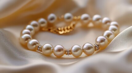 An exquisite pearl and gold bracelet gracefully arranged on soft satin fabric, capturing the essence of luxury.