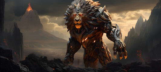 A fierce lion with an armoured shield Diamond eye, ai generative