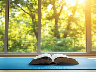 An open book resting on a blue yoga mat in a bright room with a serene view of trees outside, promoting mindfulness and relaxation.