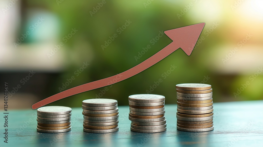 Poster increasing stacks of coins showing positive growth with upward arrow