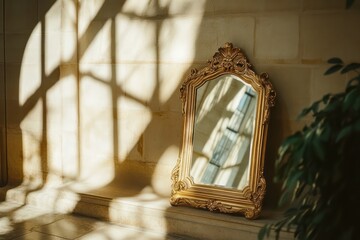 An ornate golden mirror reflecting sunlight and shadows, placed in a stylish, minimalist indoor setting
