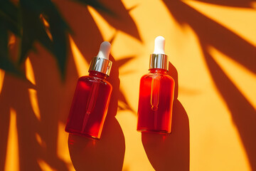 Beautiful Red Glass Serum Bottles with Droppers on Bright Orange Background Casting Intriguing Shadows and Enhanced by Warm Sunlight