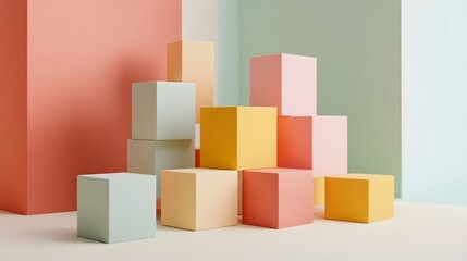 Fototapeta premium Pastel colored cubes create a modern geometric arrangement and presentation