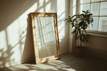 An ornate golden mirror reflecting sunlight and shadows, placed in a stylish, minimalist indoor setting