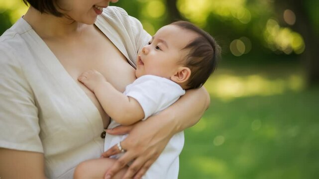 公園の日陰で、授乳後の赤ちゃんとママ