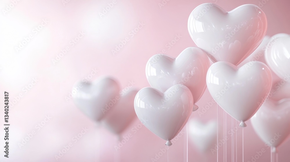 Poster floating 3d heart balloons with a soft-focus effect, creating a dreamy and romantic white day atmosp