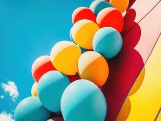 Colorful balloons floating against a bright blue sky, adding a sense of joy and festivity to the scene.