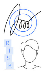 Circular target with spiral lines, minimalist human face, and stacked RISK blocks. Ideal for decision-making, challenges, strategy, problem-solving, leadership, uncertainty abstract line flat