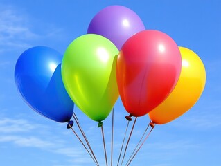 Colorful balloons floating against a bright blue sky, adding a sense of joy and festivity to the scene.