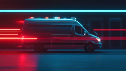 Emergency ambulance vehicle with flashing lights in motion capturing urgency and speed against a dark background with neon light accents