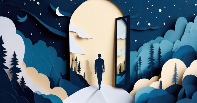 Paper cutout of person walking into mirror that leads to another world deep navy and muted beige symbolizing self discovery and transformation
