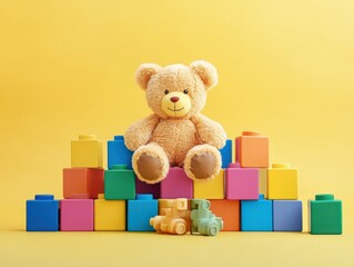 Colorful building blocks and a teddy bear arranged playfully against a bright yellow background, evoking fun and childhood memories.