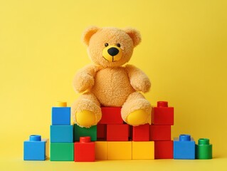 Colorful building blocks and a teddy bear arranged playfully against a bright yellow background, evoking fun and childhood memories.