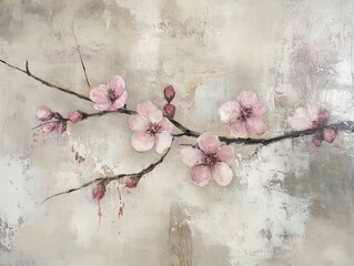 Delicate cherry blossom branches adorned with pink flowers, resting against a soft, natural background.