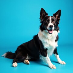 Fototapeta premium Close-up of adorable border collie sitting on vibrant blue background, obedient, pet, cute