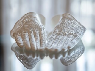 Elegant white decorative gloves with intricate patterns, placed gracefully on a polished surface, reflecting the soft light
