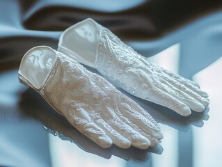 Elegant white decorative gloves with intricate patterns, placed gracefully on a polished surface, reflecting the soft light
