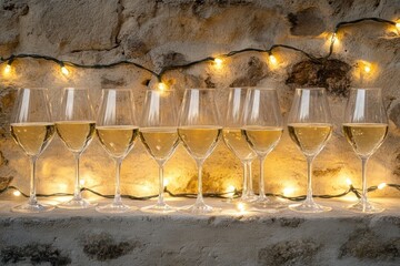 Glasses of sparkling champagne arranged elegantly, illuminated by warm festive lights, setting the tone for celebration.