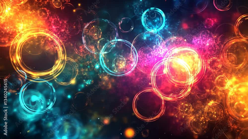 Poster vibrant abstract vdo featuring colorful glowing circles and swirling patterns shades of orange, blue