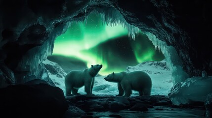 Polar bears gazing at the mesmerizing northern lights, their forms silhouetted in an icy cave