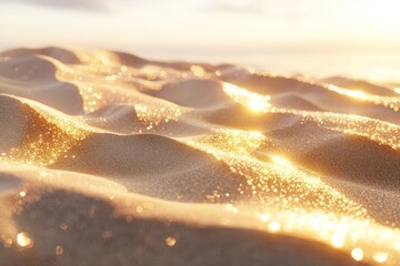 Shimmering sand dunes glowing softly, with a dreamy atmosphere and a gentle play of light.
