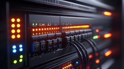 Telecommunications Ethernet cables connected to an internet switch with illuminated network indicators in a data center showing server racks with fiber optic cables connected to panel switch ports Ele