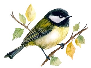Obraz premium Watercolor Painting of a Bird on a Branch with Autumn Leaves