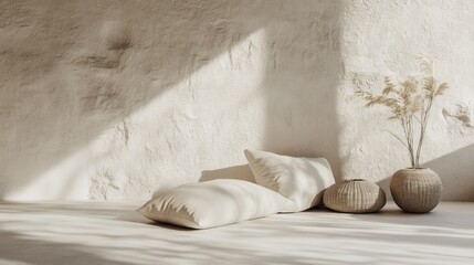 Soft cream pillows resting on a light textured surface, adding to the cozy ambiance of an indoor setting