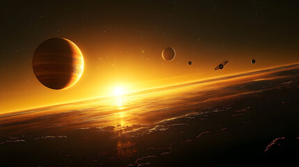 Obraz premium Image of an exoplanet centered on a star, space exploration, planets, science Complete Solar System: A beautiful view of the entire solar system, with each planet orbiting the sun in the vastness of s