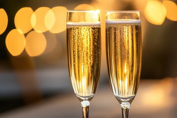 Three sparkling champagne flutes bathed in soft sunlight, with gentle reflections and glowing highlights