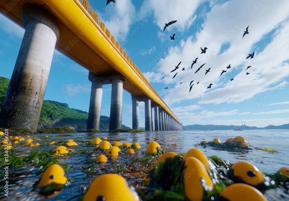 Poster low angle view of a yellow bridge over water, with numerous yellow floating objects and birds in fli