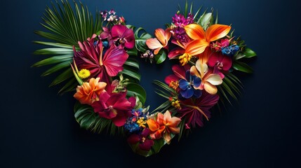 Vibrant tropical flowers and palm leaves artistically arranged in the shape of a heart against a dark backdrop