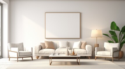 Bright Modern Living Room With White Sofas Green Plants And Cozy Decor