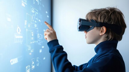 Young Boy Engaged with Futuristic Technology Using Virtual Reality