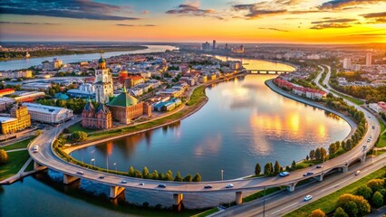 Fototapeta premium Kazan City Panorama: Kazanka River Aerial View, Tatarstan, Russia