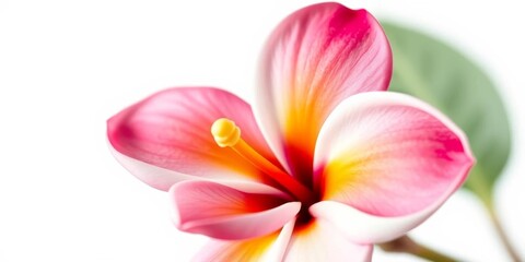 Fototapeta premium Close-up of a single, vibrant frangipani blossom, petals unfurled, isolated on pure white , vibrant, petals
