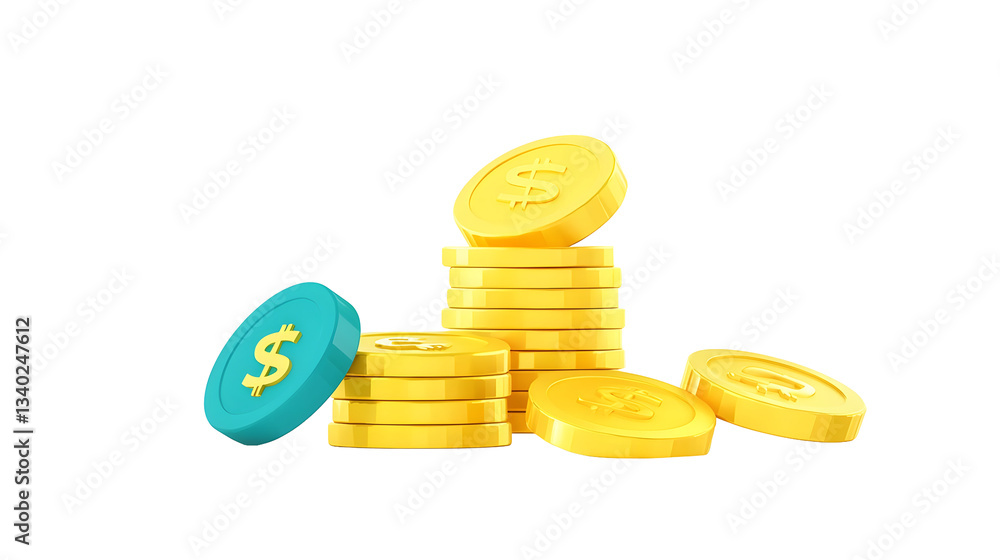 Poster stacks of shiny gold coins arranged in an ascending order illustrating the accumulation of wealth fi
