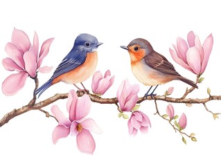 Fototapeta premium Watercolor Birds on Magnolia Branch Spring Floral Art