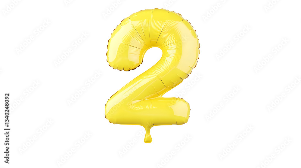 Poster A detailed three dimensional golden foil balloon in the shape of the number 2 floating in an isolated minimalist space with a transparent background