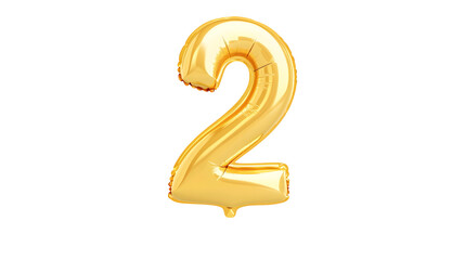 A golden foil balloon in the shape of the number 2 floating against a clean white backdrop