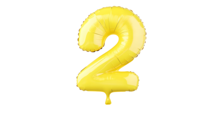 A detailed three dimensional golden foil balloon in the shape of the number 2 floating in an isolated minimalist space with a transparent background