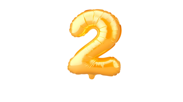 A golden foil balloon in the shape of the number 2 floating against a clean white background with soft highlights and reflections
