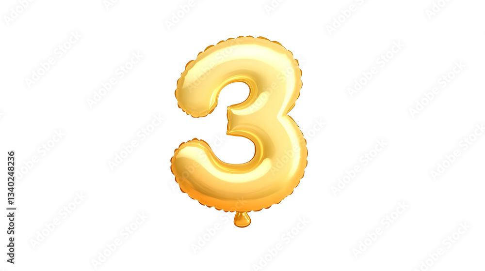 Fototapete A shiny three dimensional metallic gold number 3 foil balloon floating against a clean white background with smooth lighting and reflections